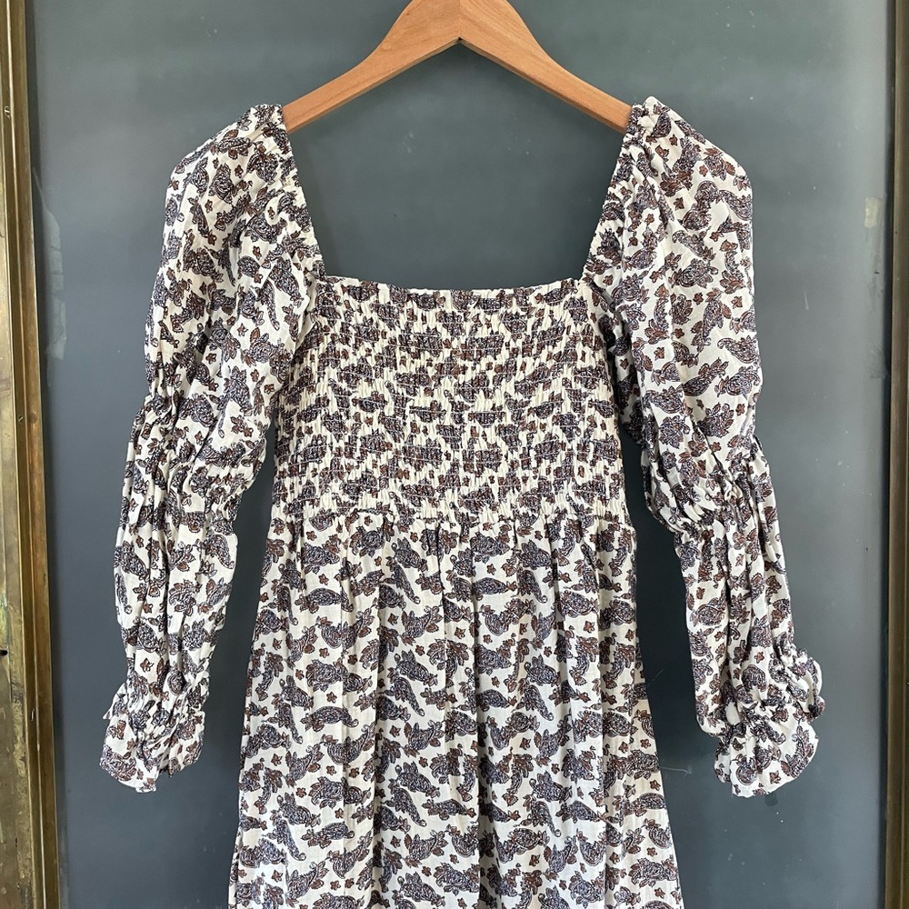 Smocked Square-Neck Midi Dress in Cream with Gray Floral Print - Picture 3 of 8